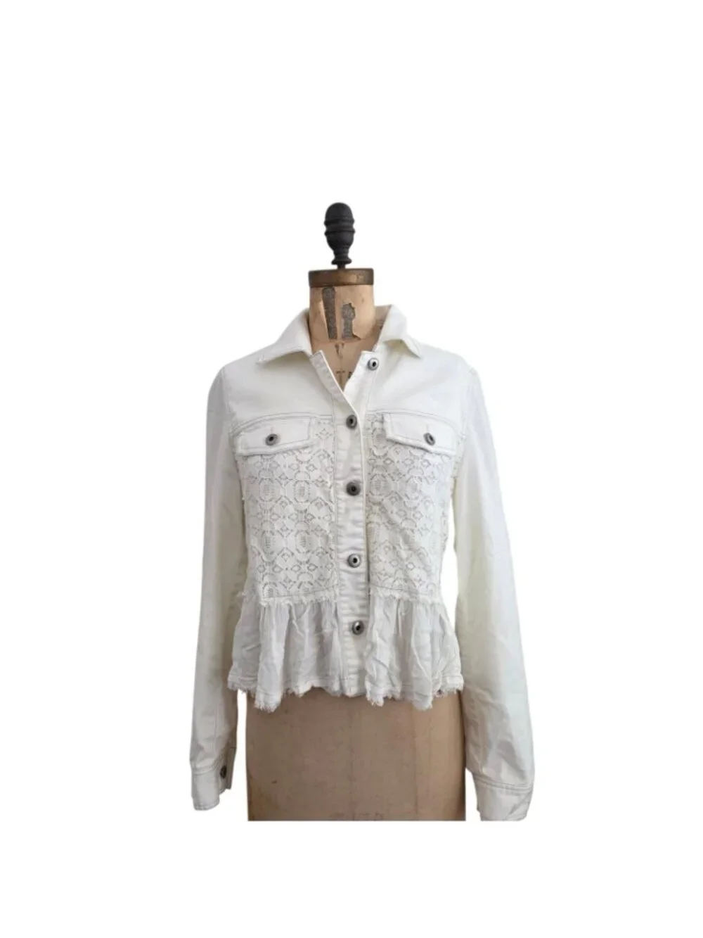 Free People White Lace Peplum Hem Jean Jacket 2